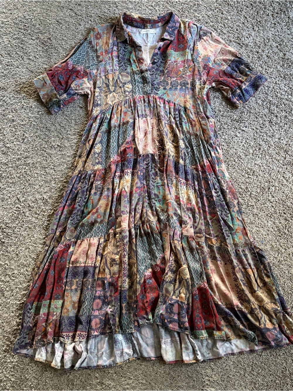 Natural Life Rebecca Midi Dress Patchwork L Floral Rayon Tiered Boho Cottagecore
